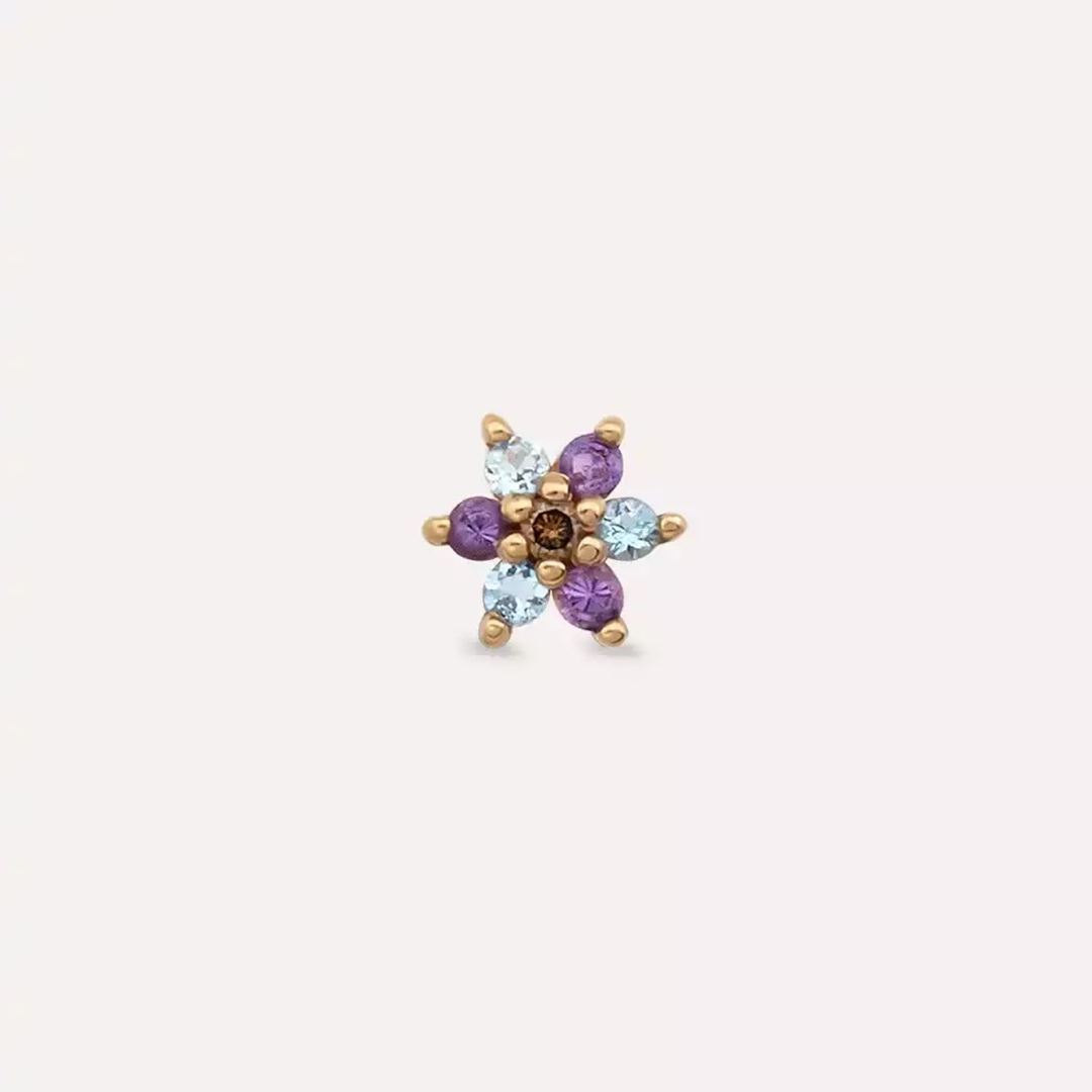 Florin Ametist ve Aquamarin Taşlı Rose Altın Piercing