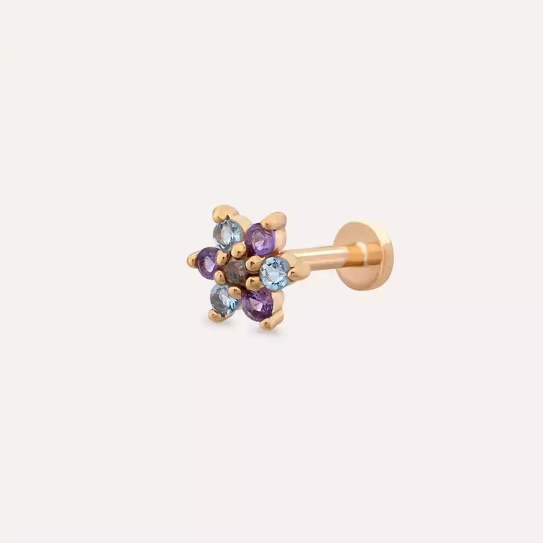 Florin Ametist ve Aquamarin Taşlı Rose Altın Piercing