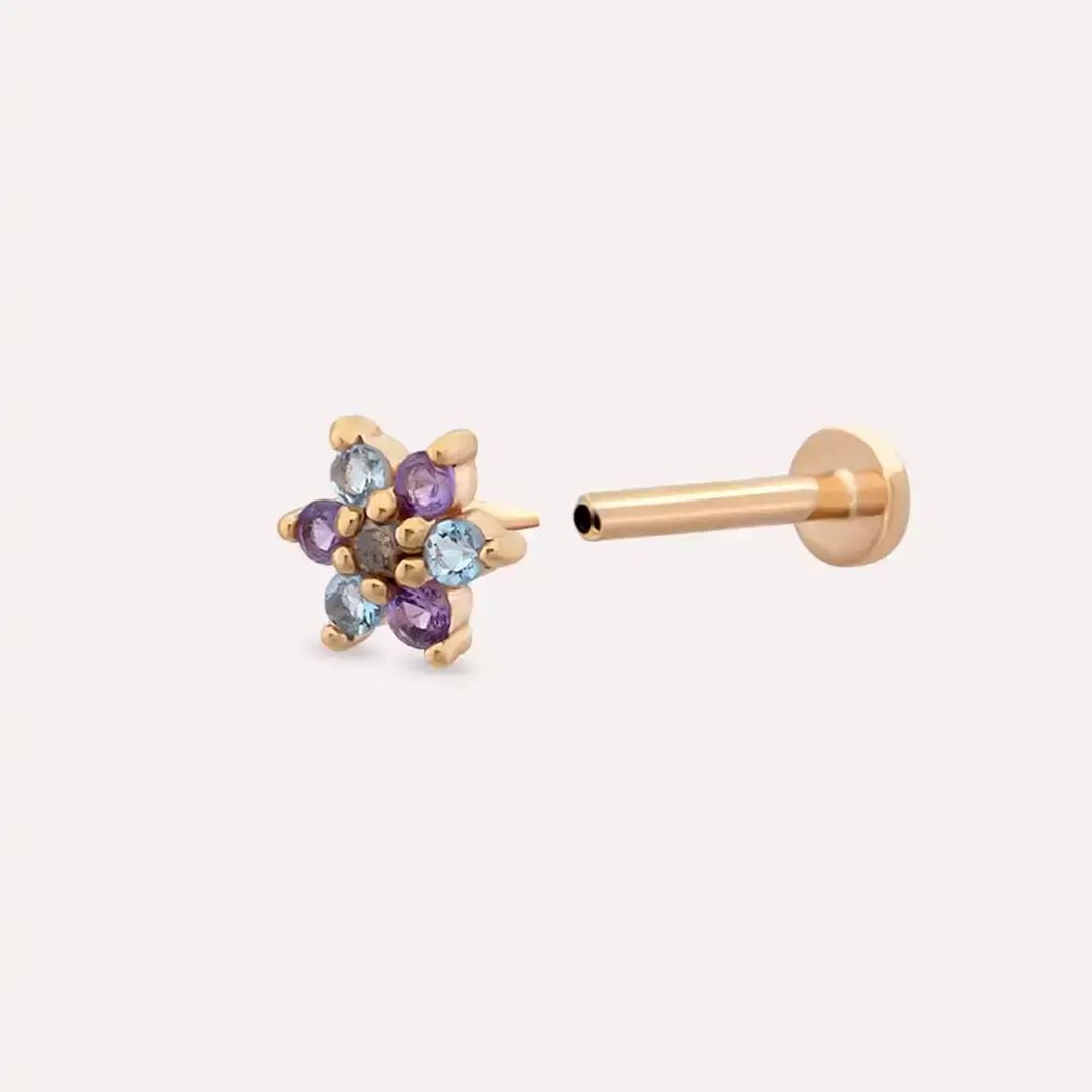 Florin Ametist ve Aquamarin Taşlı Rose Altın Piercing