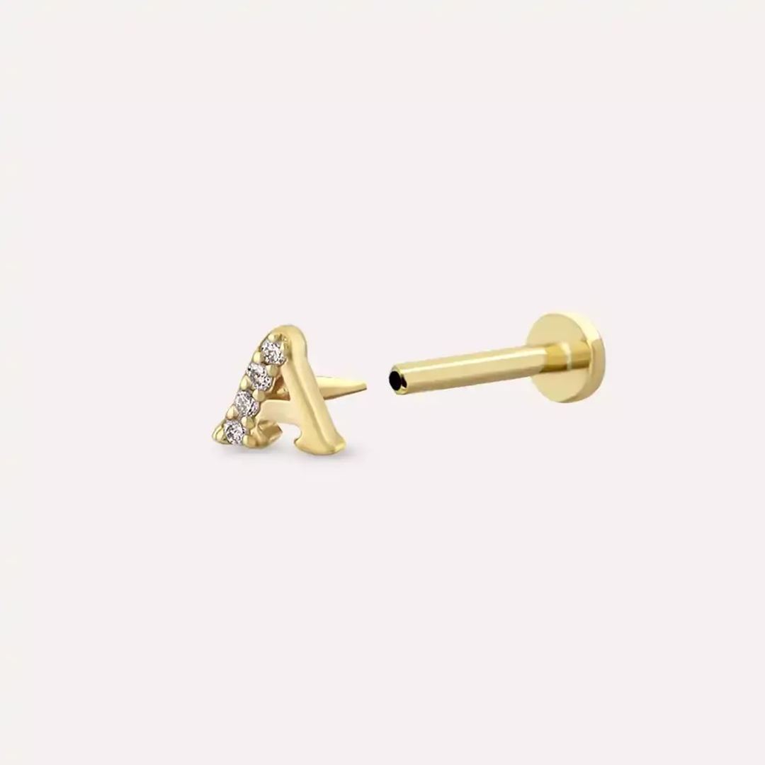 A Harf Pırlanta Taşlı Sarı Altın Piercing