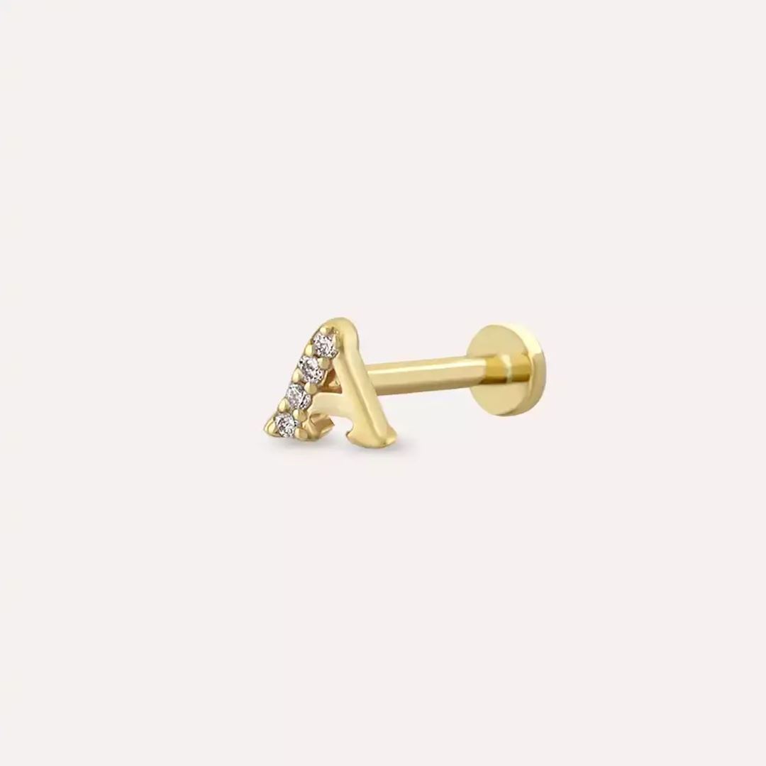 A Harf Pırlanta Taşlı Sarı Altın Piercing