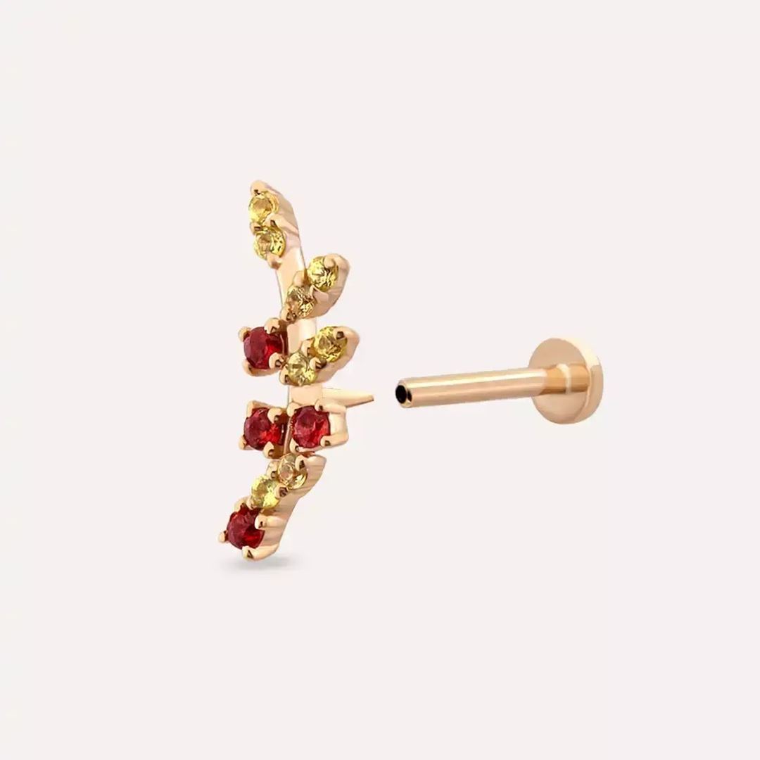 Laurel Yellow ve Red Safir Taşlı Rose Altın Piercing
