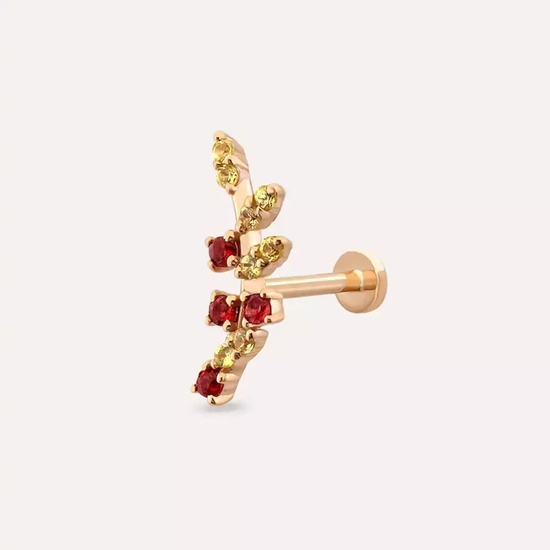 Laurel Yellow ve Red Safir Taşlı Rose Altın Piercing