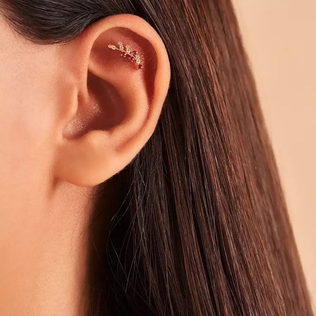 Laurel Yellow ve Red Safir Taşlı Rose Altın Piercing