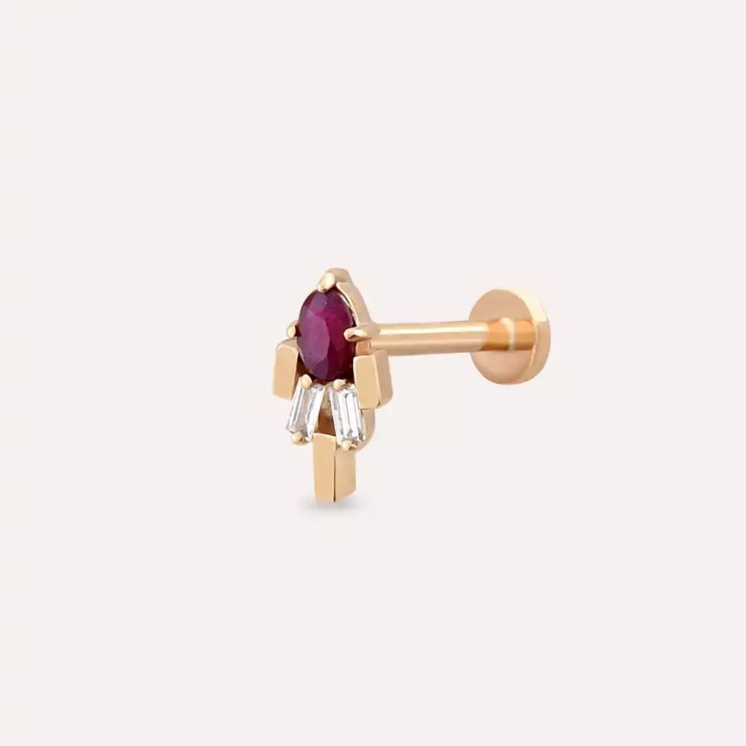 Anie Yakut ve Pırlanta Taşlı Rose Altın Piercing