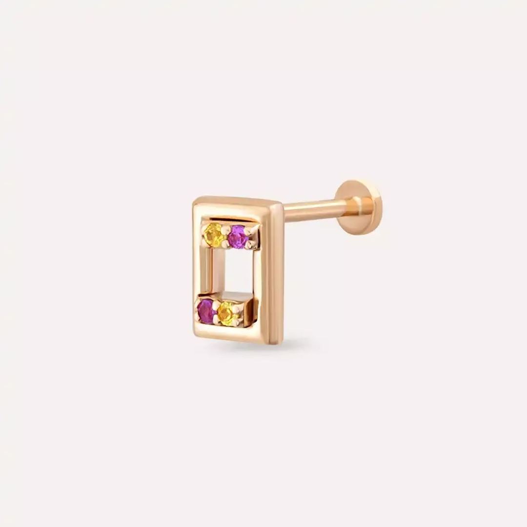 Angled Yellow and Pink Safir Taşlı Rose Altın Piercing