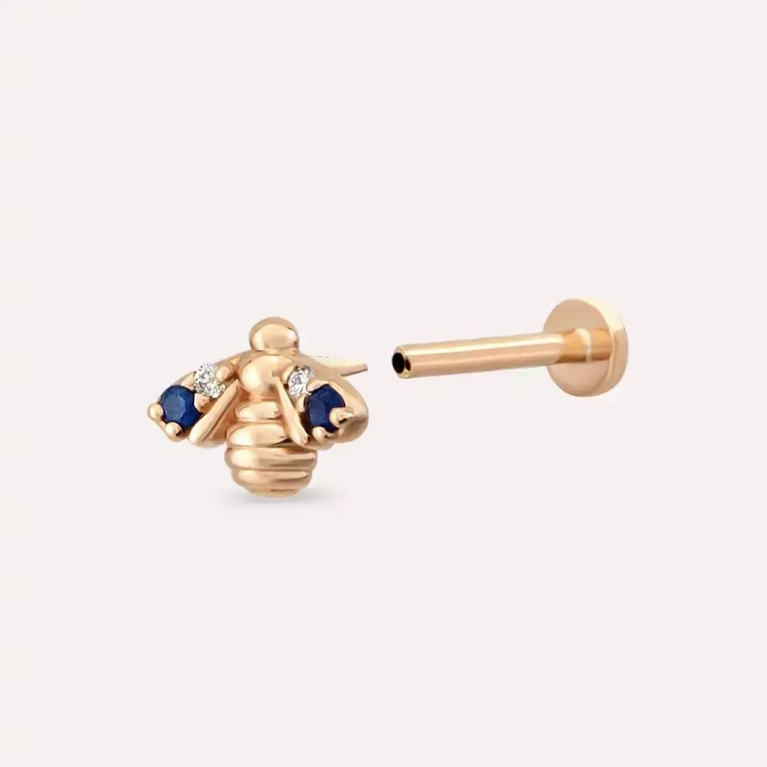 Maya Blue Safir ve Pırlanta Taşlı Rose Altın Piercing
