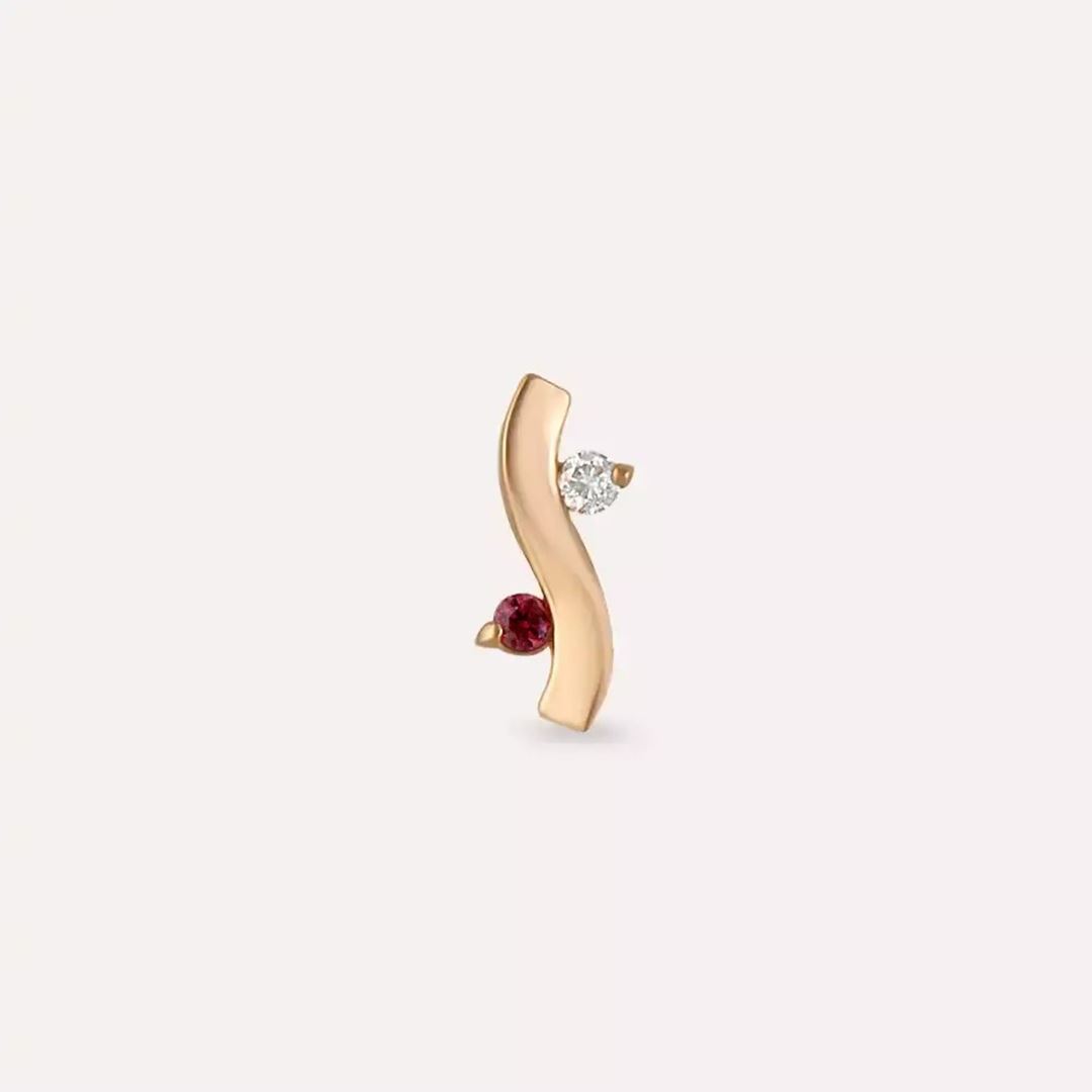 Wave Red Safir ve Pırlanta Taşlı Rose Altın Piercing