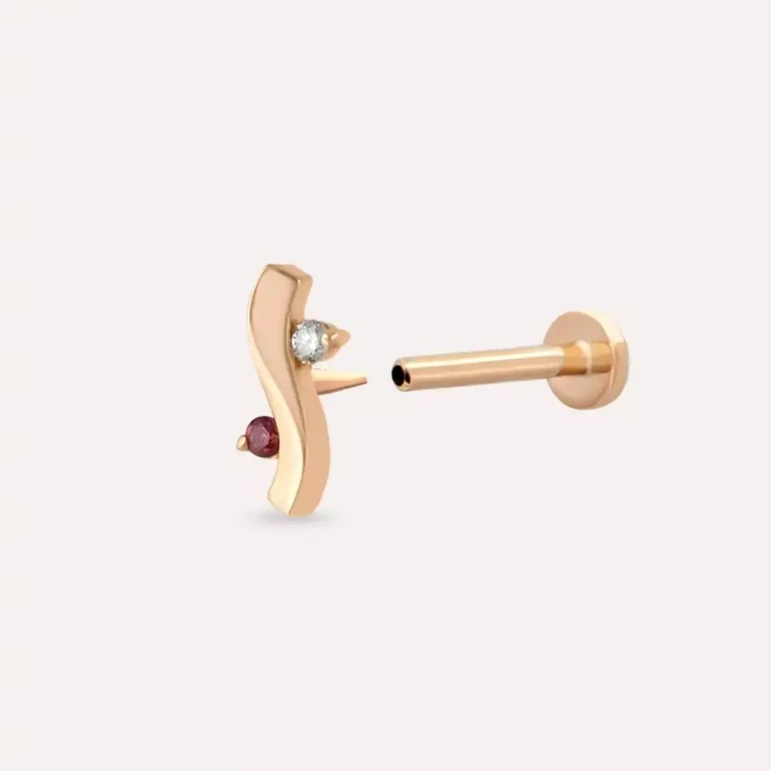 Wave Red Safir ve Pırlanta Taşlı Rose Altın Piercing