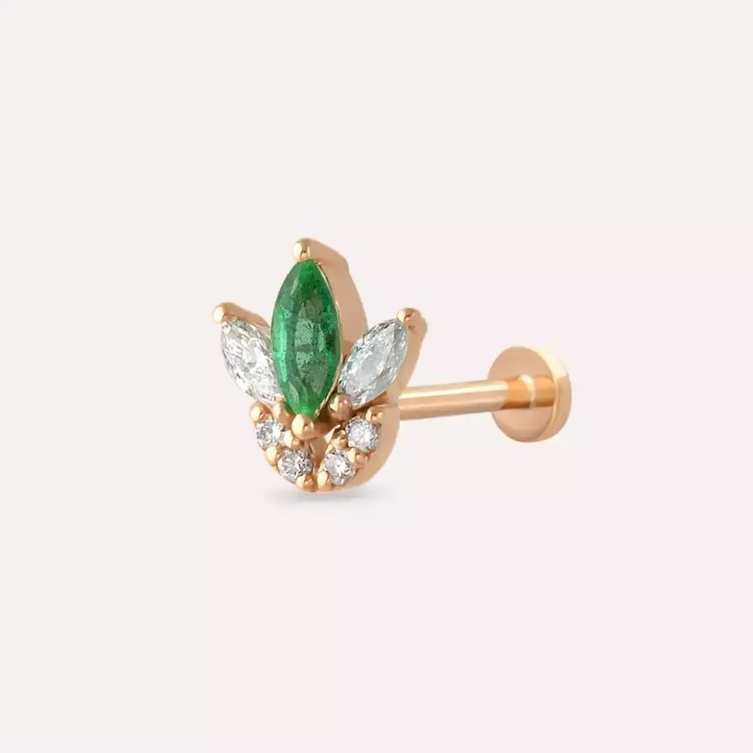 Lily Zümrüt ve Pırlanta Taşlı Rose Altın Piercing