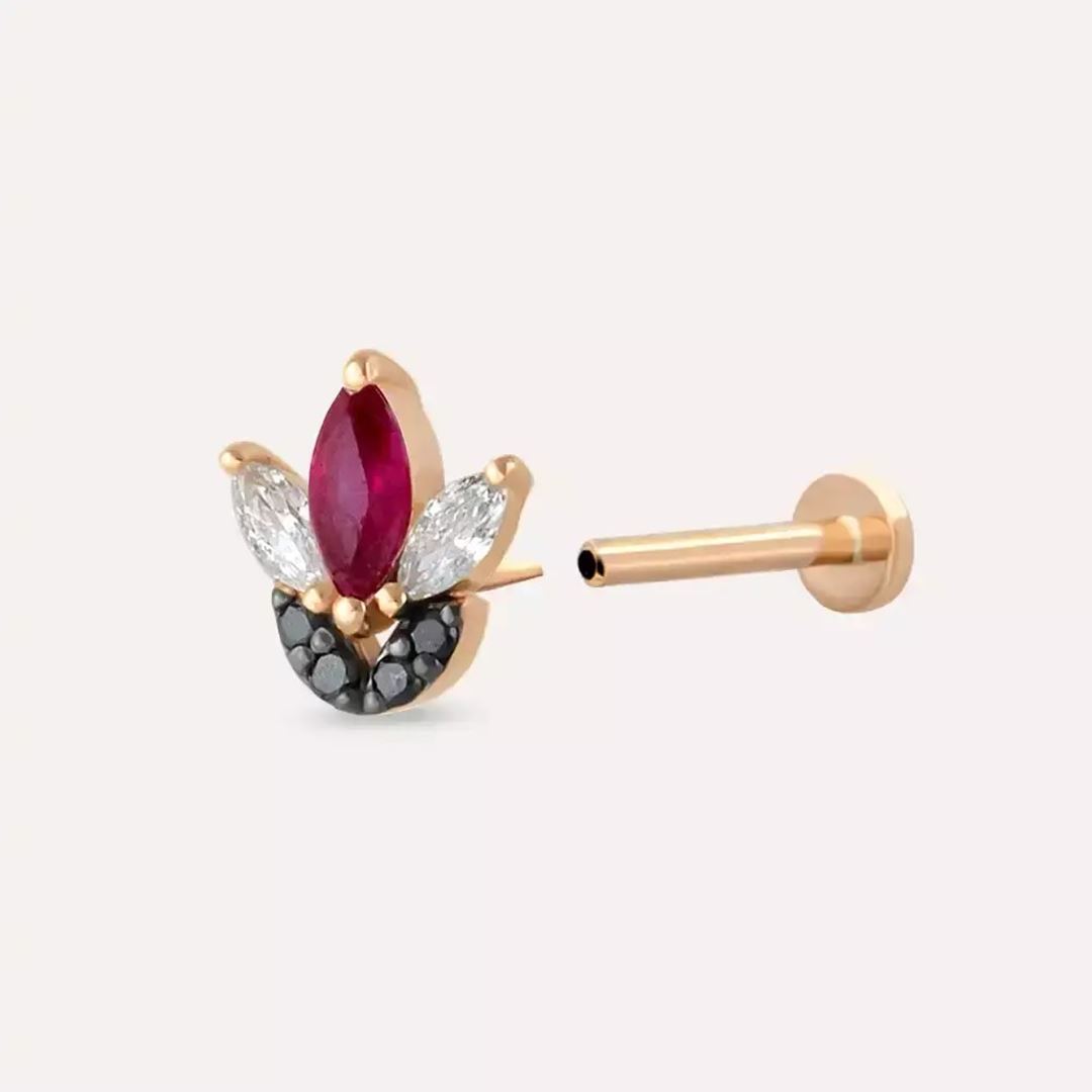 Lily Yakut ve Siyah Pırlanta Taşlı Rose Altın Piercing