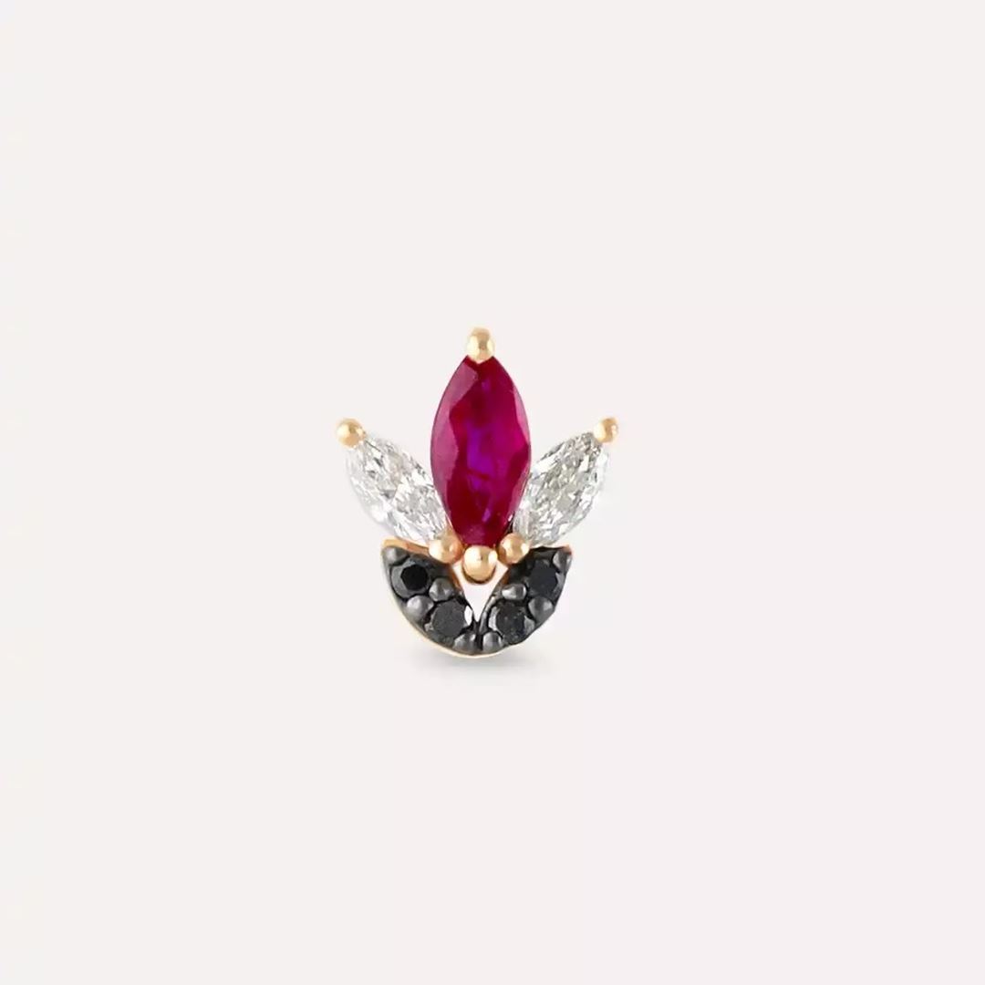 Lily Yakut ve Siyah Pırlanta Taşlı Rose Altın Piercing