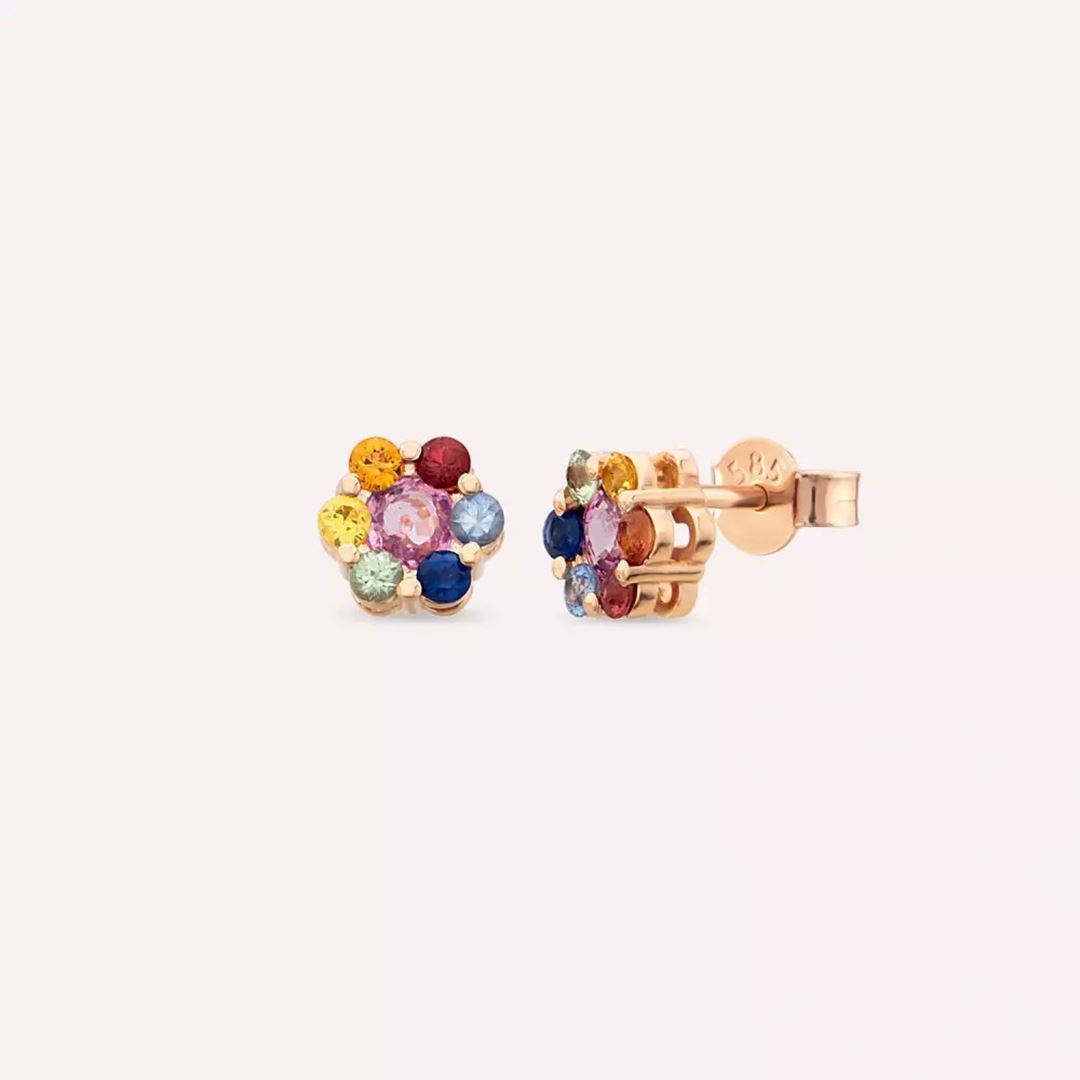 Flower Multicolor Safir Taşlı Rose Altın Küpe