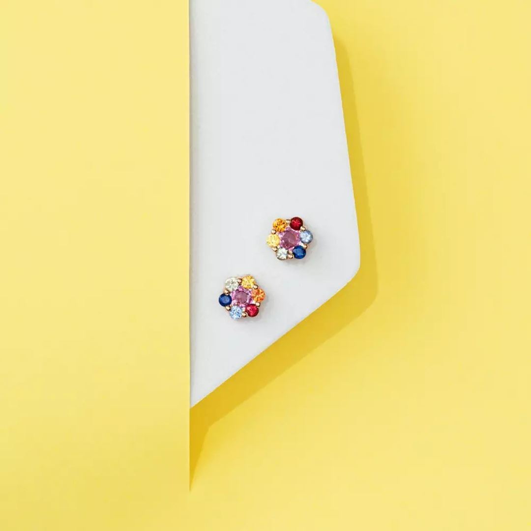 Flower Multicolor Safir Taşlı Rose Altın Küpe