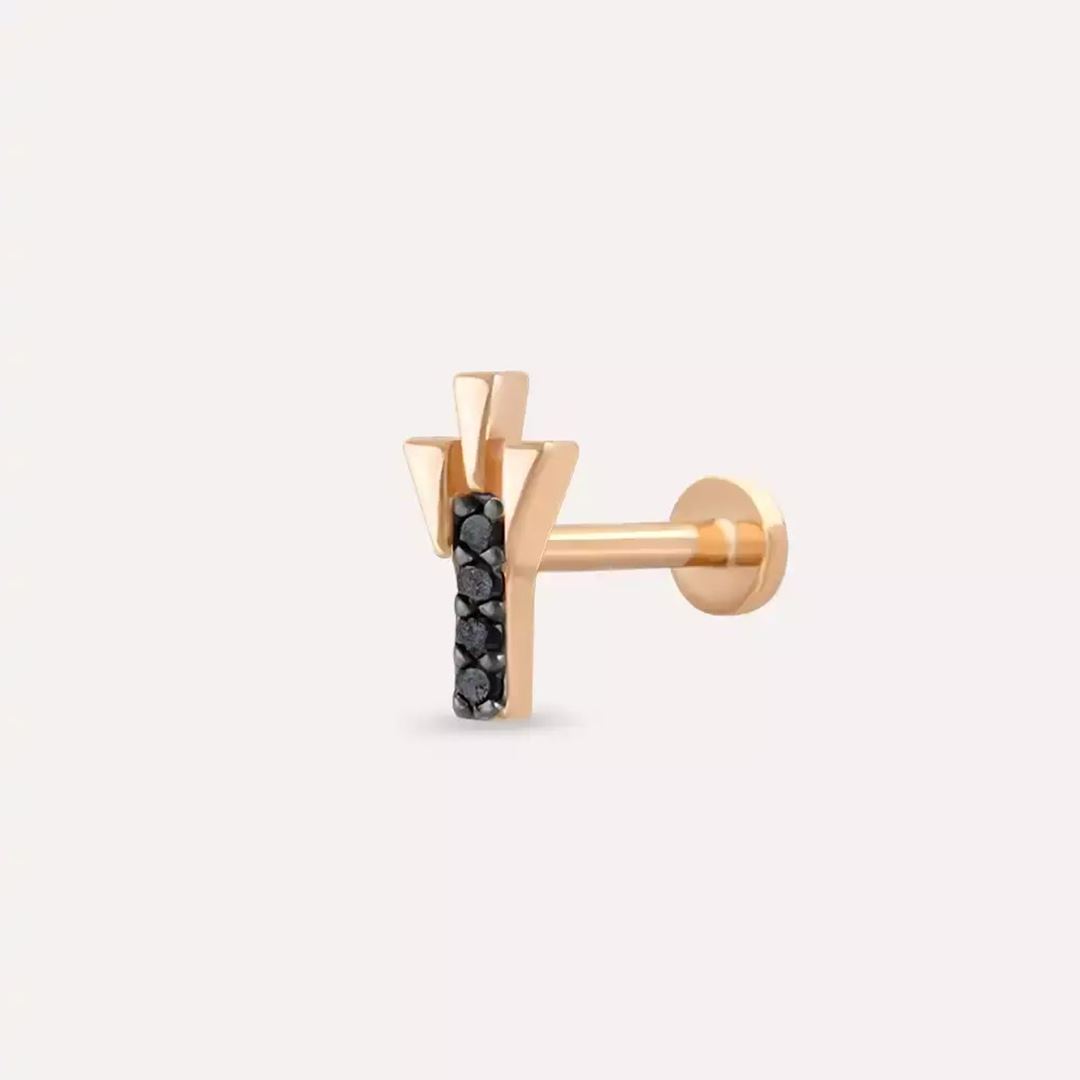 Stub Siyah Pırlanta Taşlı Rose Altın Piercing