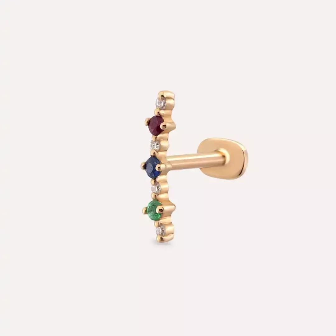 Hued Pırlanta, Safir, Yakut ve Zümrüt Taşlı Rose Altın Piercing