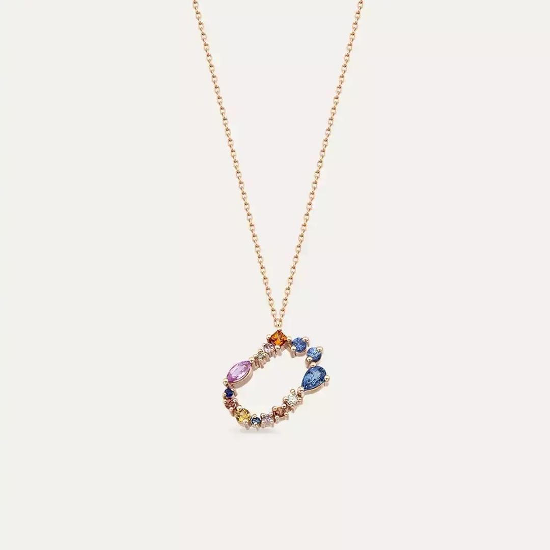Ü Harf Multicolor Safir ve Pırlanta Taşlı Rose Altın Kolye