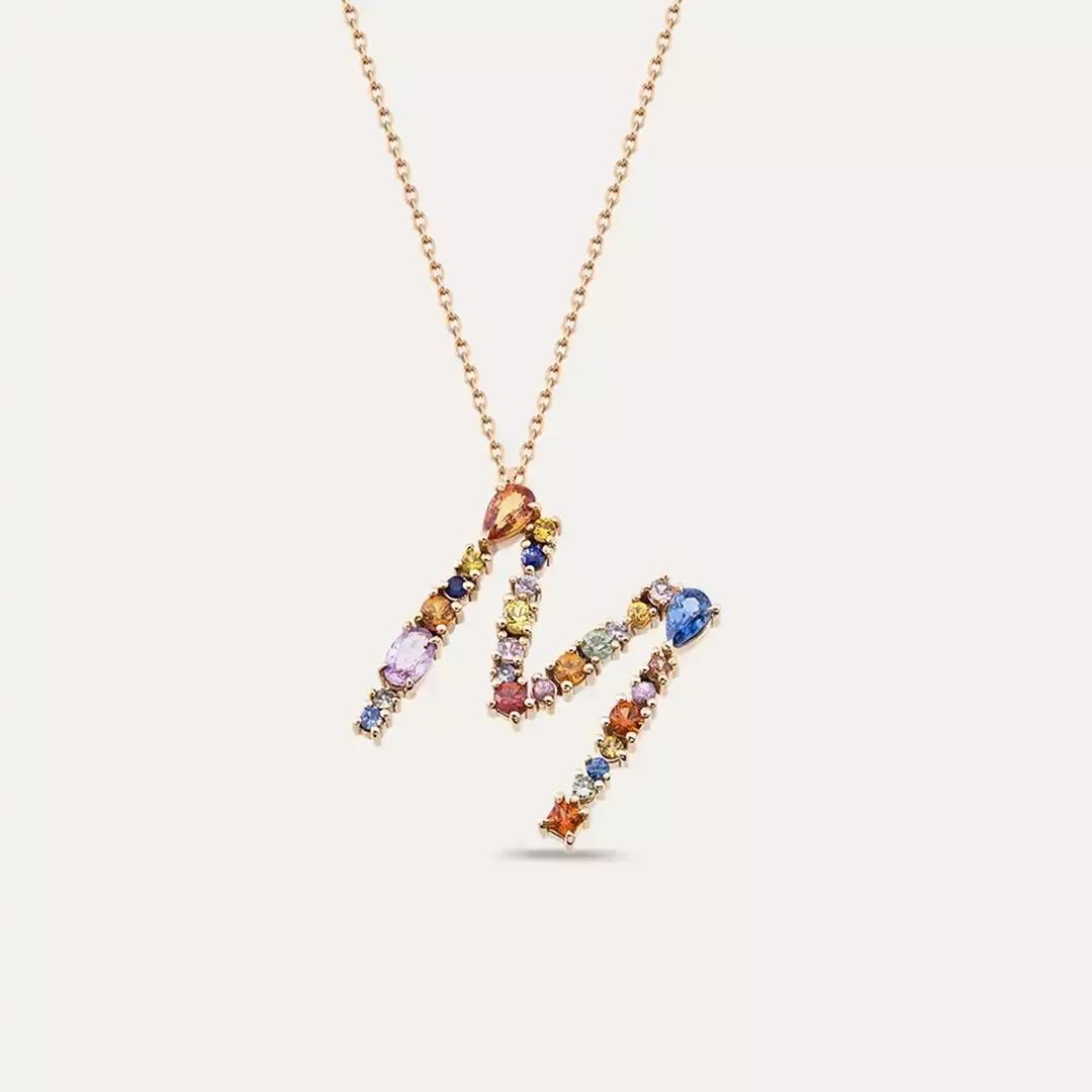 M Harf 1.80 CT Multicolor Safir Taşlı Rose Altın Kolye