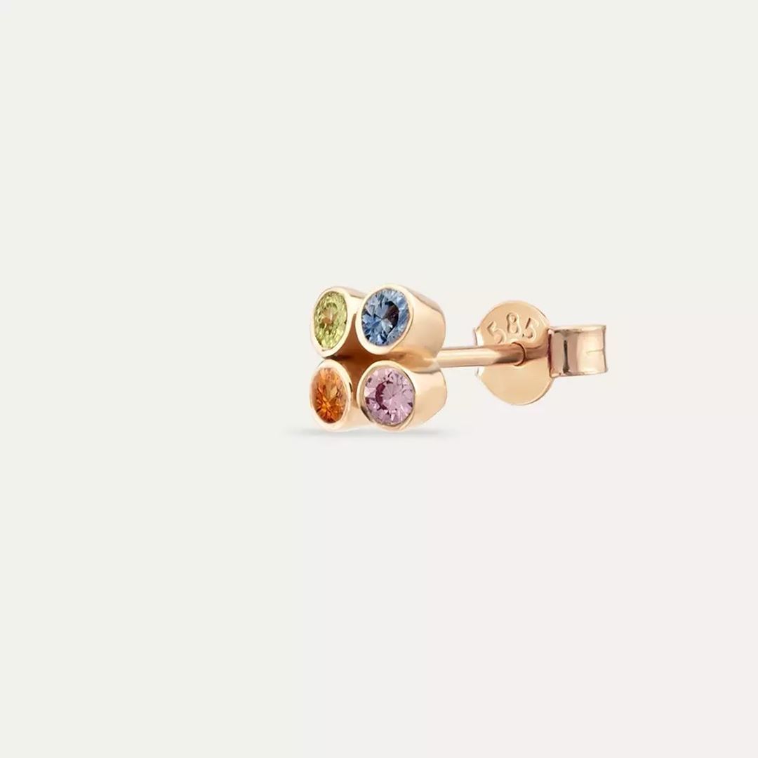 Dots Frame Multicolor Safir Taşlı Rose Altın Tek Küpe