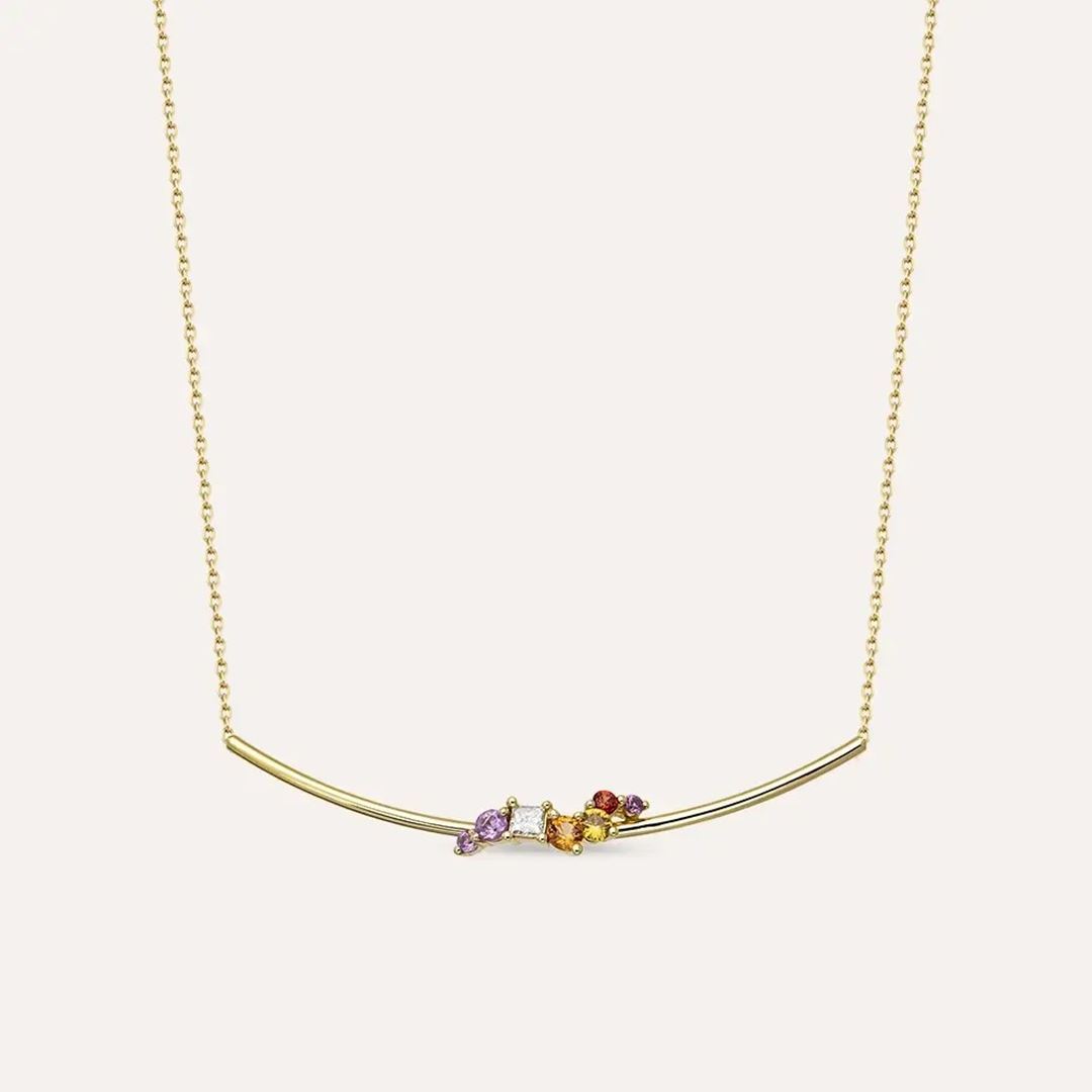 Violet 0.56 CT Pırlanta ve Multicolor Safir Taşlı Sarı Altın Kolye