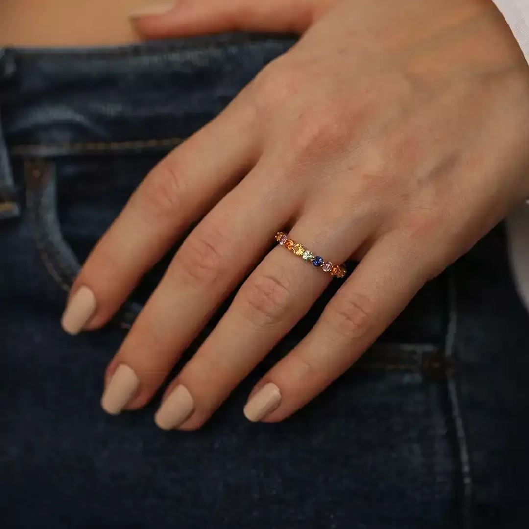 2.60 CT Multicolor Safir Taşlı Sarı Altın Yüzük