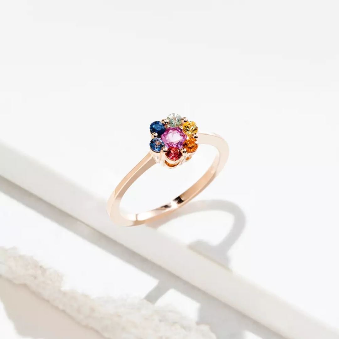 Flower Multicolor Safir Taşlı Rose Altın Yüzük