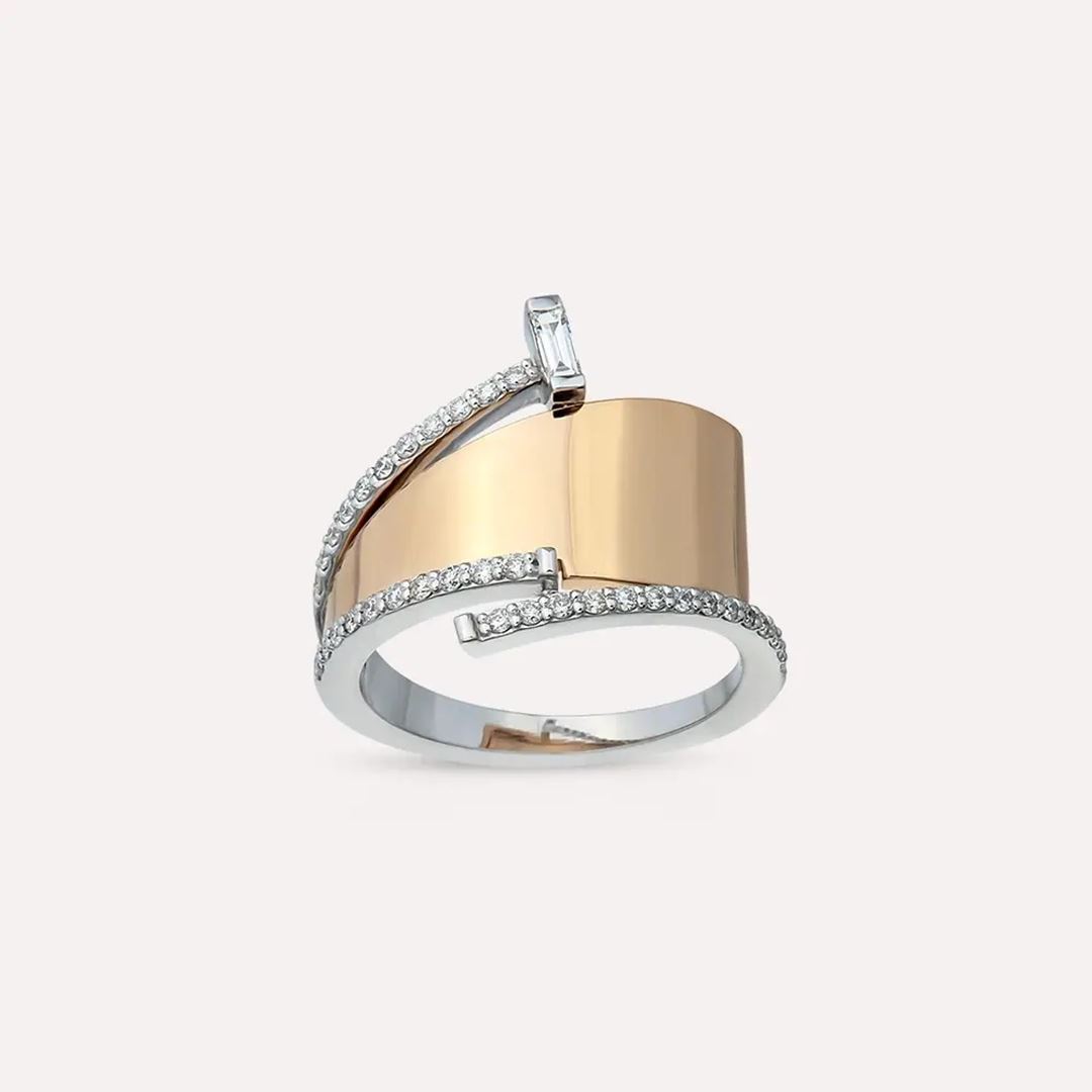 Rivet 0.37 CT Baget Kesim Pırlanta Taşlı Rose ve Beyaz Altın Yüzük