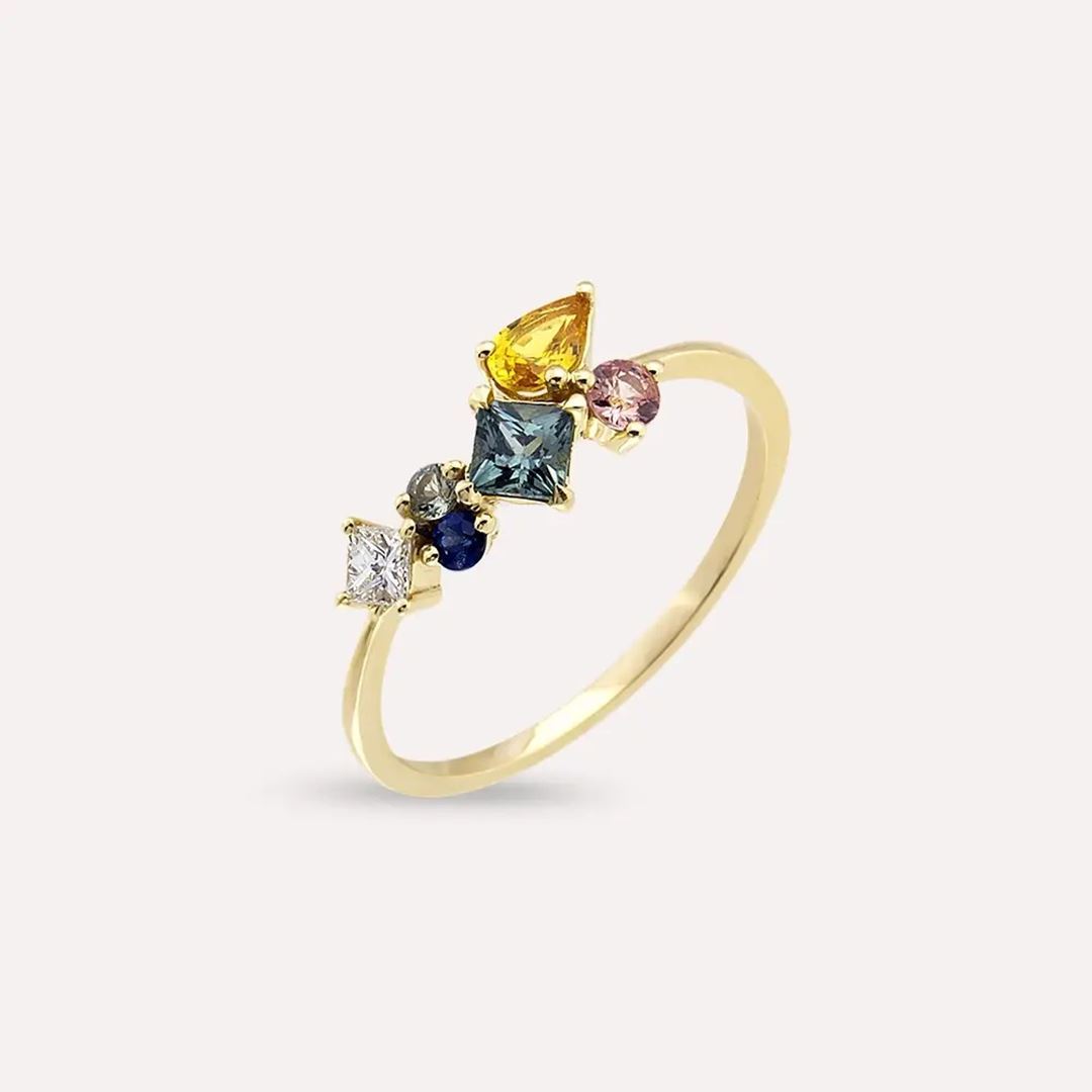Candy 0.88 CT Multicolor Safir ve Pırlanta Taşlı Sarı Altın Yüzük