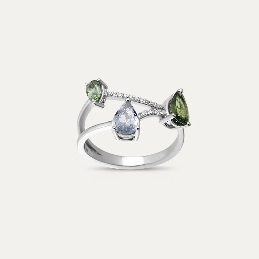 1.69 CT Multicolor Safir ve Pırlanta Taşlı Beyaz Altın Yüzük