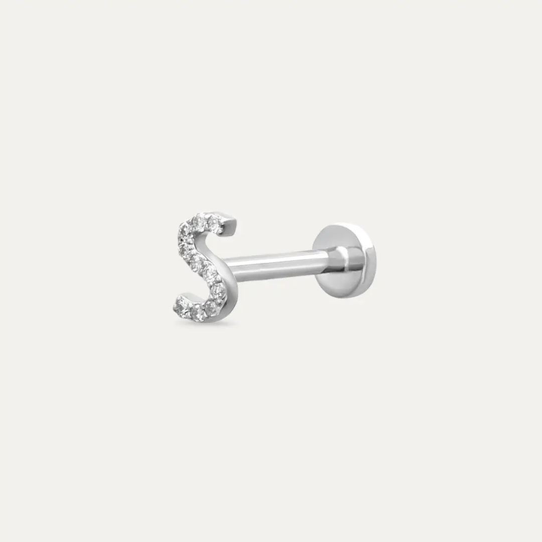 S Harf Pırlanta Taşlı Beyaz Altın Piercing